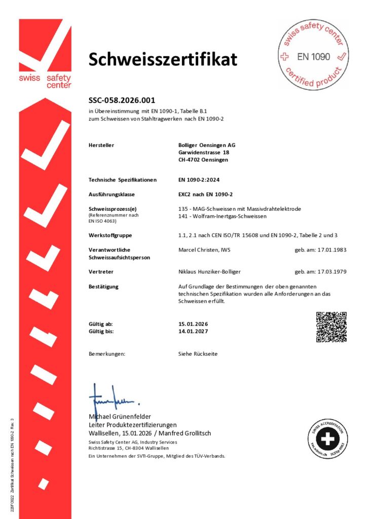Bolliger Oensingen AG | Certificate